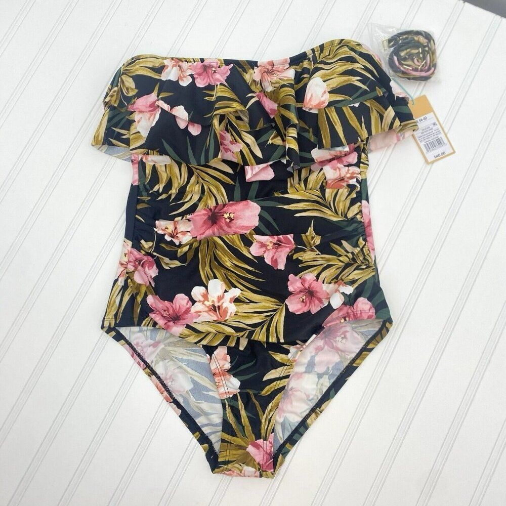 Kona Sol Floral High Coverage One Piece Swimsuit‎ Floral Flounce Top Small 4-6